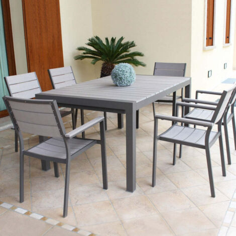 Sedia poltrona impilabile da esterno in alluminio con seduta e schienale in polywood effetto doghe Futy - DarkGrey