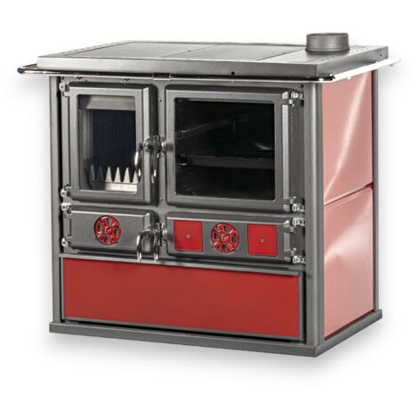 Cucina stufa a legna bordeaux con maioliche in ceramica focolare in ghisa 8,4 kw