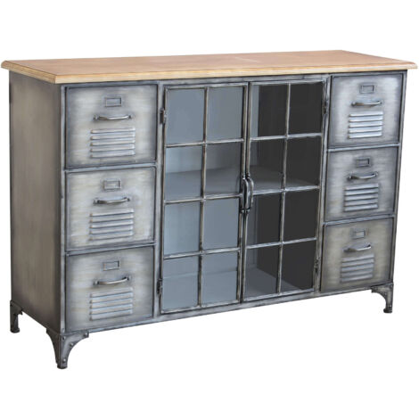 Mobile credenza da interno bar pub interamente in ferro con piano in legno 6 cassetti e 2 ante centrali Linea Industrial