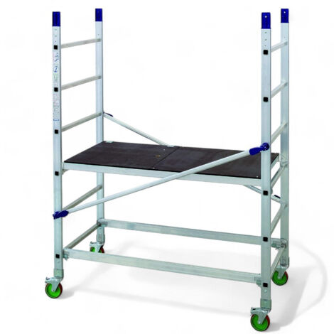 Trabattello in alluminio altezza 205 cm portata 200 kg base 82x165 cm struttura con piano di lavoro con botola e ruote (1/5)