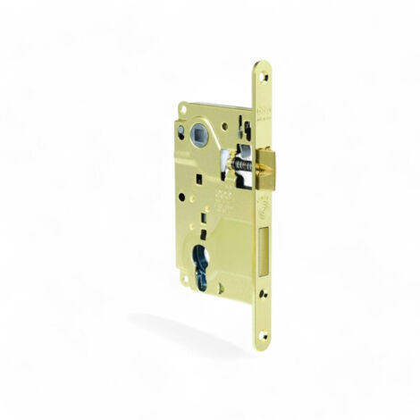 serratura per porte interne a filo o battente con foro cilindro quadro maniglia mm8 interasse mm85 bordo tondo ottonato