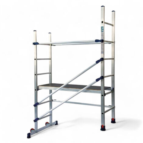 Trabattello in alluminio per uso domestico con piano lavoro in legno ganci di sicurezza altezza max 290 cm capacità 120 kg