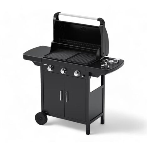Barbecue a gas 3 fuochi in acciaio con ruote fornello laterale e griglia in ghisa smaltata Compact EXS