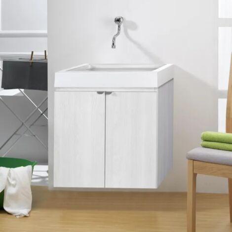 Mobile lavatoio sospeso da parete 60x50x65 cm pensile da interno con struttura in legno nobilitato finitura olmo perlato e vasca in resina con bordo alto