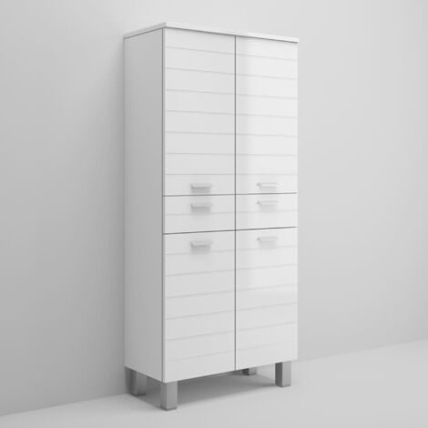 Mobile colonna armadietto da bagno in legno bianco laccato lucido con 4 ante e 2 cassetti con chiusura silenziosa assistita (1/2)