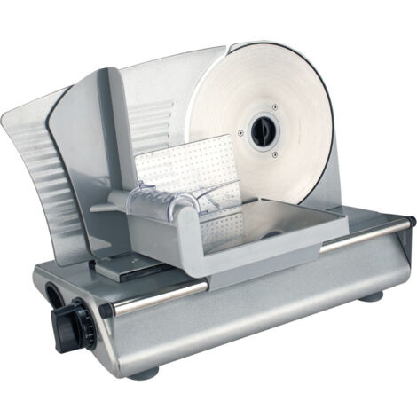 Affettatrice lama acciaio inox 220 mm base metallo carrello scorrevole regolatore spessore protezione dita piedini antiscivolo (1/3)
