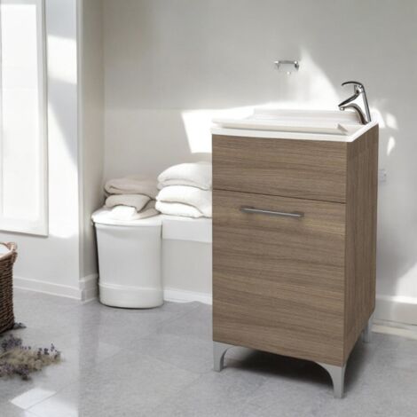 Mobile lavatoio 45x50x83 cm con struttura in legno rovere fumo lavabo in resina resistente e piedini regolabili (1/3)