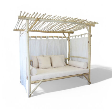 Gazebo letto in legno teak con cuscini bianchi 250x180xH204 cm (1/5)