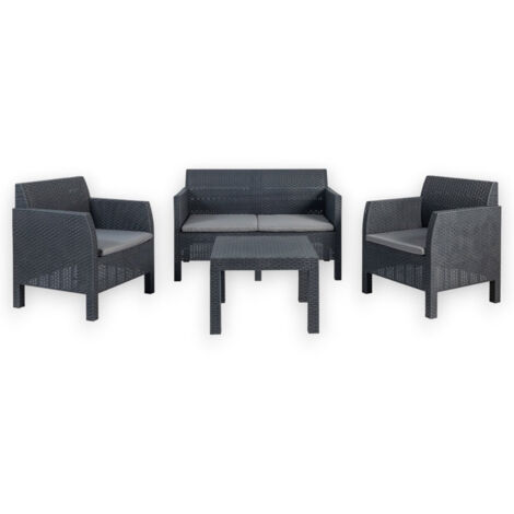 Salotto 4 posti da esterno giardino divano e due poltrone con tavolino in resina effetto rattan con cuscini Matilde - (1/5)