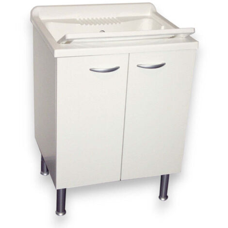 Mobile lavatoio da bagno in legno nobilitato con piedini regolabili e vasca in resina - 45x50xH85 cm (1/3)