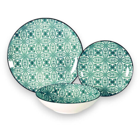 Servizio tavola 18 piatti 6 posti tavola in porcellana con decorazione maiolica verde Grin