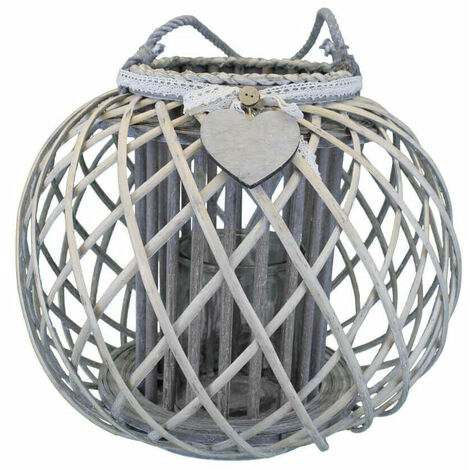 Lanterna In Vimini E Vetro Grigia - Per Interni Ed Esterni, Portico, Giardino, Diametro 24cm - Foto 8