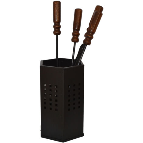 CUBO ATTREZZATURE CAMINO SET 4 UTENSILI CON MANICI IN LEGNO + CONTENITORE