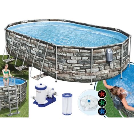 PISCINA OVALE FUORI TERRA STEEL COMFORT PIETRA BESTWAY 610x366xH122 -56719 + POMPA, SCALETTA, SISTEMA IDROMASSAGGIO (1/10)