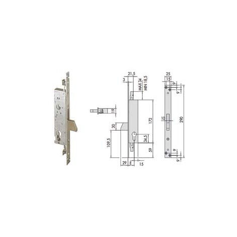 Serrure Mécanique CISA Art. 4925035 Entrée 35 à Cylindre à Enfiler Pour Montants Multitop Pro Avant 22 X 3 Mm En Acier Inoxydable Chaîne Et Rouleau, Rouleau Réglable