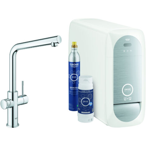 Grohe – Kit de démarrage mélangeur de cuisine avec mitigeur à bec en L chrome – Montage monotrou – Hauteur 378 mm – Distribution eau filtrée et pétillante