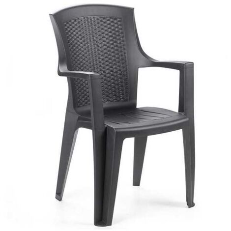 Progarden – Fauteuil de jardin empilable en résine anthracite effet rotin – Dossier haut et accoudoirs – Dimensions 62x60x89cm – 100% recyclable