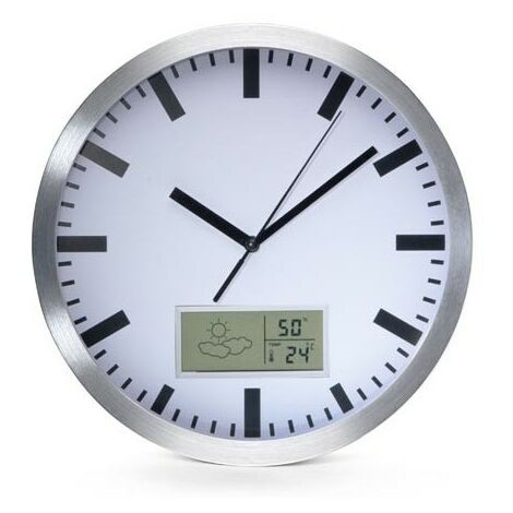 Horloge Ø 300 mm - ABS alu - Verre minéral - Thermomètre / Hygromètre LCD -  Sur pile