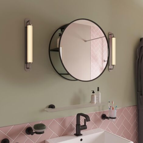 Croydex Round Bathroom Mirror, Matt Black Framing with Hidden Shelving 50 x 50cm