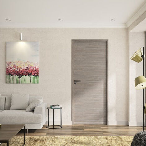 Optimum – Bloc porte ajustable décor chêne taupe – Poussant droit avec serrure silencieuse à pêne magnétique – Joint phonique – 204 x 83 cm