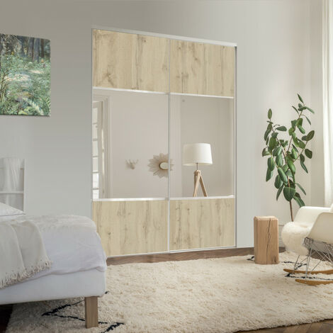 Pack portes coulissantes OPTIMUM Partitionnées - 2 vantaux + 2 amortisseurs - chêne authentique / miroir - 250 x 180 cm