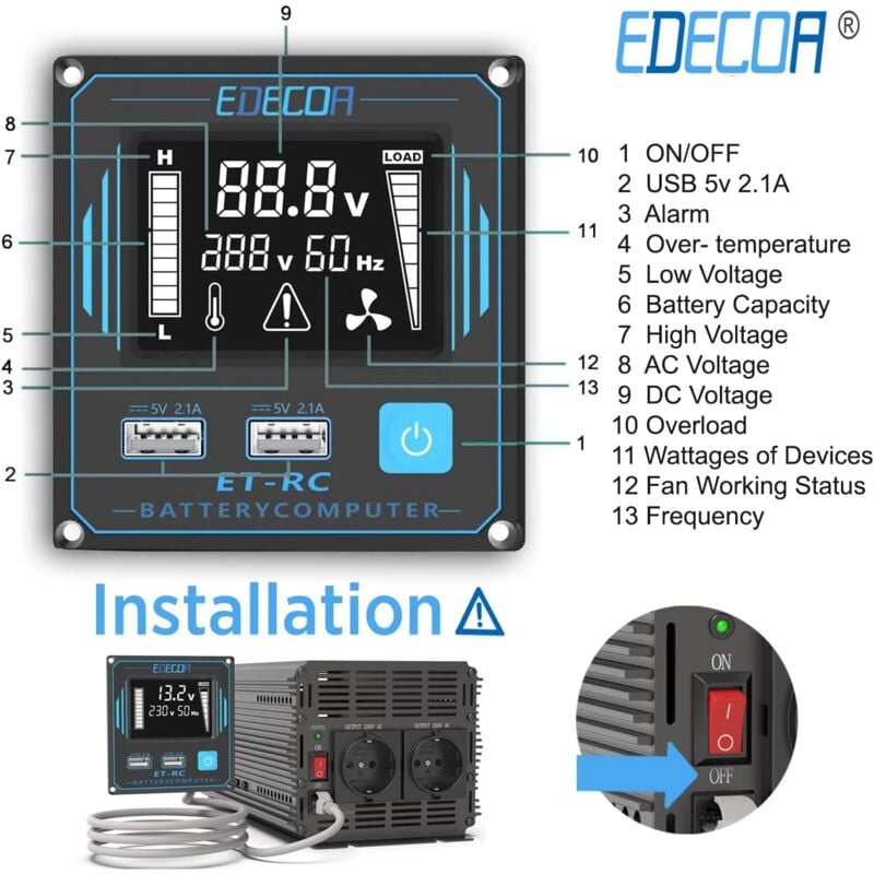 EDECOA Convertisseur 12V 220V Pur Sinus 1500W transformateur 2x USB  Inverter