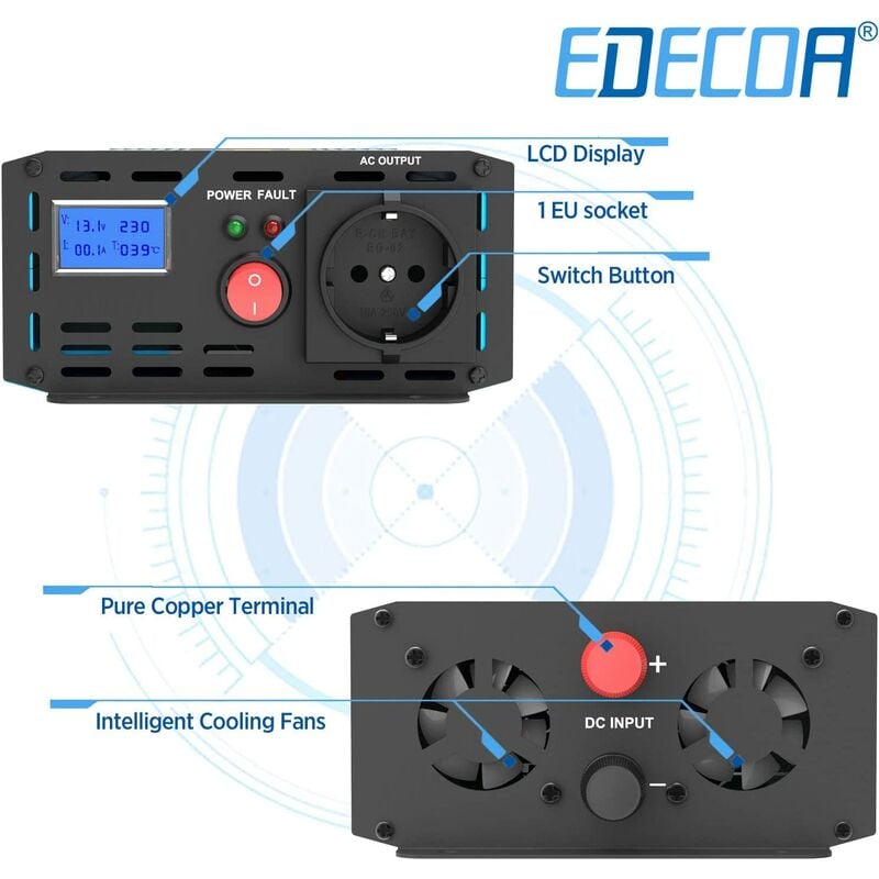 EDECOA Convertisseur de Tension 1000w Onduleur 12v 220v Onde sinusoïdale  modifiée avec des informations sur la