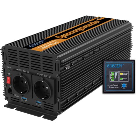 Edecoa – Convertisseur de tension 2000W 24V à 230V – Onduleur sinusoïdal modifié avec télécommande – 2 ports USB pour charge rapide