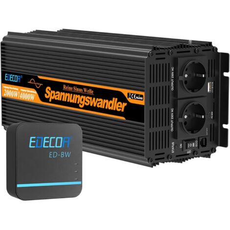 EDECOA Onduleur 12 V 230 V 2000 W/4000 W 12 V vers 230 V Convertisseur d'onde sinusoïdale pure avec module WiFi, prise en charge des fonctions d'application avec 1 port USB et 1 port PD
