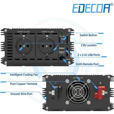 EDECOA convertisseur 12v 220v 2000w onduleur télécommande 2X USB et écran  pour Panneau Solaire Voiture Onde modifiée Isolation galvanique (2e