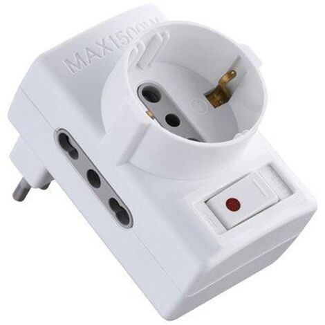 Adaptador triple con interruptor térmico y enchufes bipas y schuko Electraline blanco 2P+T asimétrico