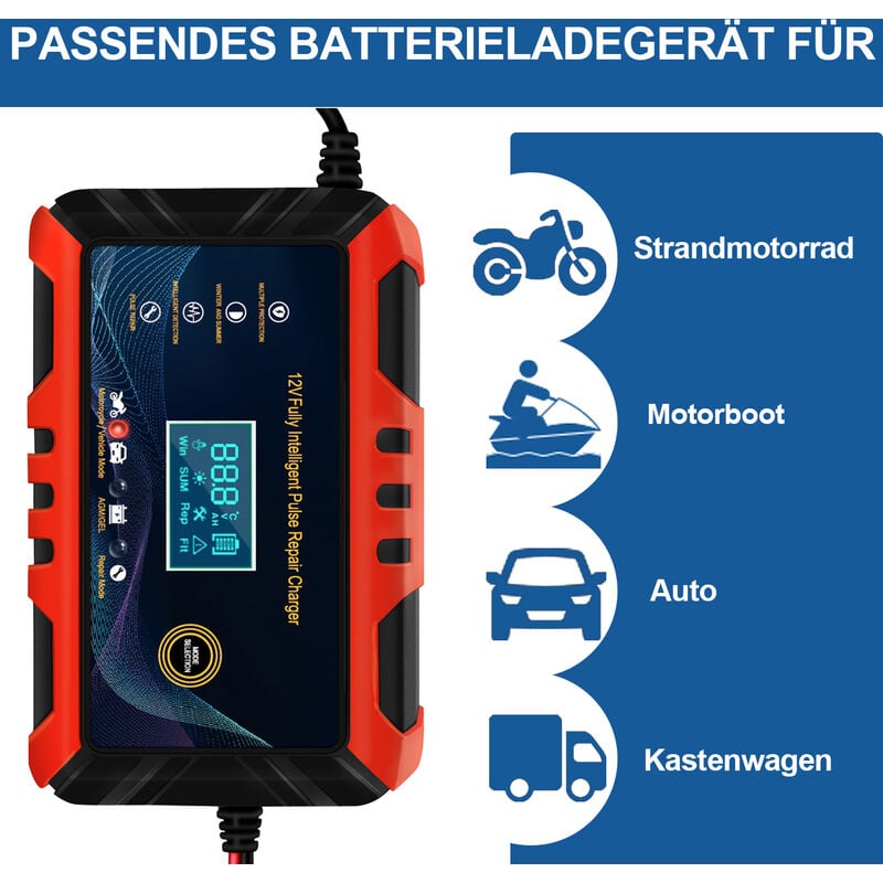 Ladegerät Autobatterie, SDLOGAL 6A 12V KFZ intelligentes Batterieladegerät  mit LCD-Bildschirm, geeignet für Auto & Motorrad, Erhaltungsladegerät und  Desulfator für AGM, Gel, Start-Stopp, EFB und LiFeP