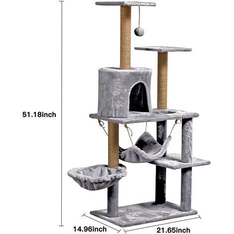 Großer Kratzbaum,  SDLOGAL, 130cm hoch, Katzenbaum, mehrstöckige Katzenhaus, mit 3 Sisalstämme, Kratzsäulen, Plüschplattform, Hängematte, Höhle, hellgrau
