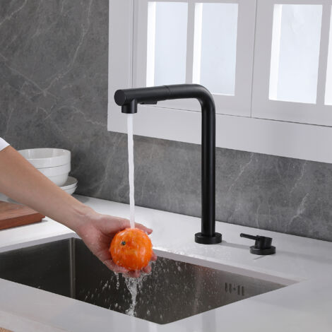 SUMERAIN Mitigeur de cuisine noir mat escamotable 2 trous installé devant la fenêtre, Mitigeur évier extractible pivotant à 360° avec 2 Jets aux Choix