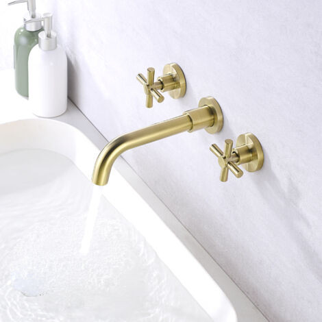 SUMERAIN Mélangeur de Lavabo Mural Or Brossé, Robinet de lavabo avec trois trous à deux poignées