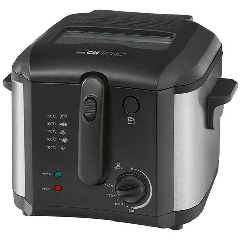 Friteuse électrique 2,5L 1600W – Cuve inox avec filtre à odeurs – Thermostat réglable 130-190°C – Couvercle escamotable avec fenêtre – Clatronic