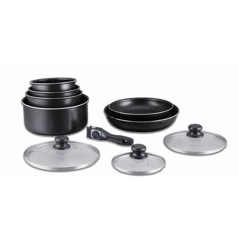 Batterie de cuisine revêtement pierre avec manche amovible 10 pieces noir Herzberg HG5000-BK