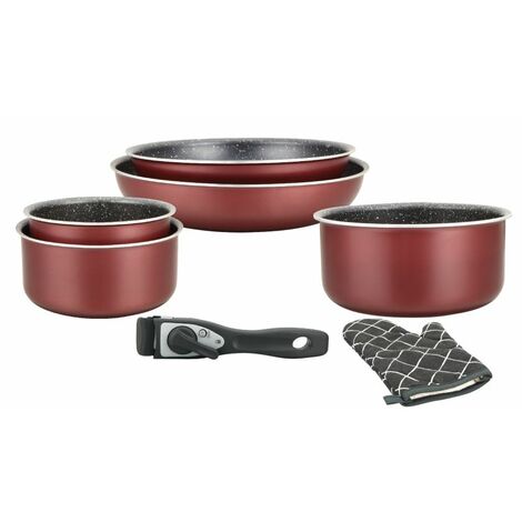 Batterie de cuisine revêtement pierre avec manche amovible 7 pièces bordeau Herzberg HG8053-BR (1/4)