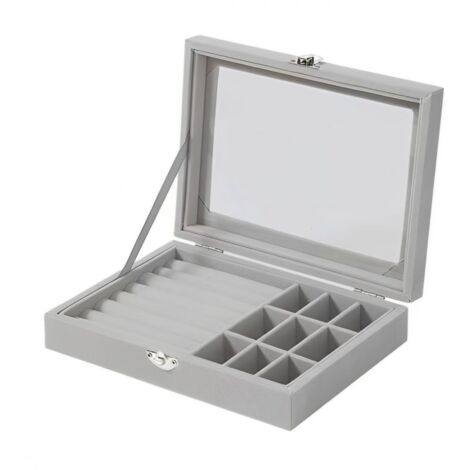 Organisateur de bijoux en velours avec couvercle en verre 9 Grilles + 7 Emplacements pour bagues Herzberg HG05361 (1/3)