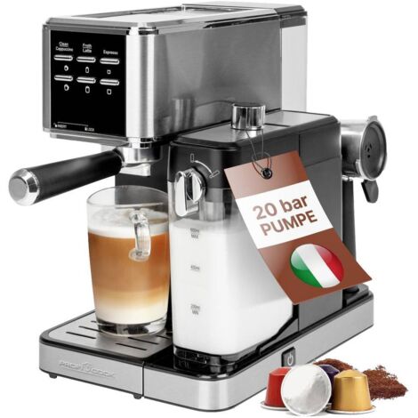 Machine à expresso 1350W avec mousseur à lait – Pression 20 bar – Réservoir d'eau 1,2L – Corps en acier inoxydable – Proficook - A729433