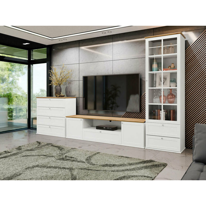 Set Mobili Soggiorno Moderno Con Vetro Temperato E Dettagli Oro - Tavolino, Mobile TV E Cassetti - Foto 2