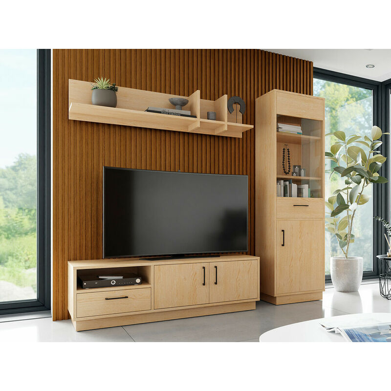 Set mobili soggiorno Omaha T129, Rovere chiaro, Con accessori aggiuntivi,  Con singole parti, Con mobile porta tv, Vetro temperato, Truciolare  laminato, 194x50cm