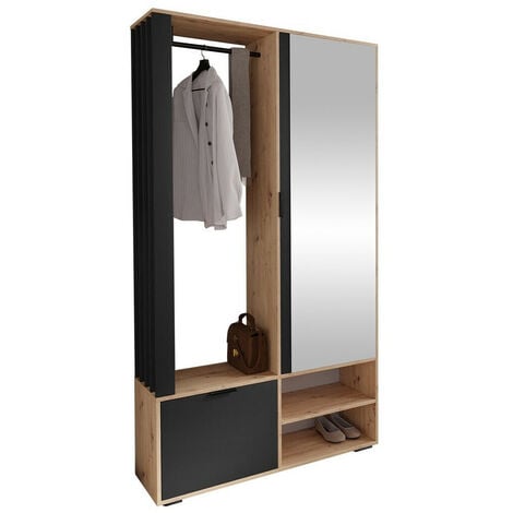 Set arredo da corridoio Stanton 145, Rovere Artisan + Nero, 190x100x33cm, Specchio, Truciolare laminato, Da terra