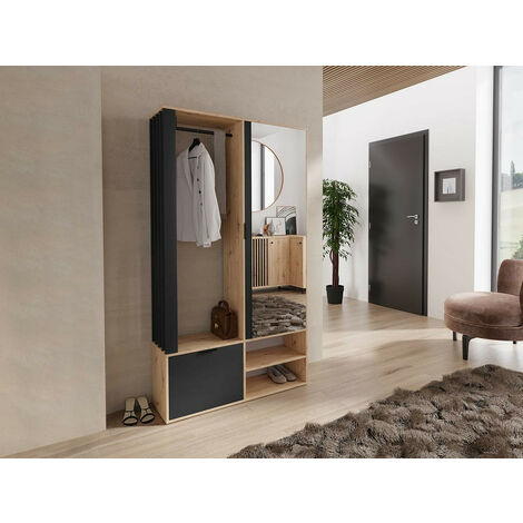 Set arredo da corridoio Stanton 145, Rovere Artisan + Nero, 190x100x33cm, Specchio, Truciolare laminato, Da terra