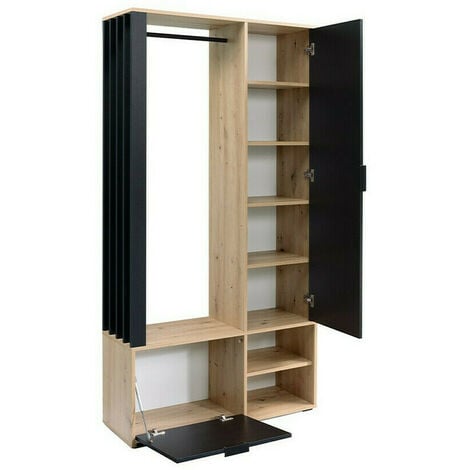 Set arredo da corridoio Stanton 145, Rovere Artisan + Nero, 190x100x33cm, Specchio, Truciolare laminato, Da terra