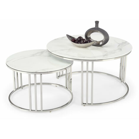 Tavolino Da Caffè Rotondo 2 In 1 Con 1 Piano Bianco E 1 Piano In Vetro Temperato Marrone, 2 Cassetti, Bianco E Oro - 6