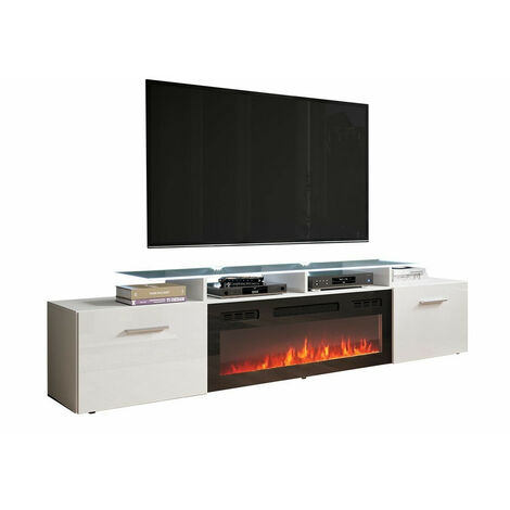 Mobile TV Moderno 170cm Bianco Lucido - Con LED, 2 Cassetti E Ripiano Vetro Per Soggiorno - Foto 2