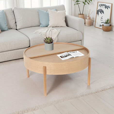 M&S – Table basse ronde 80x40cm en chêne massif – Plateau tournant avec rangement intégré – Design élégant pour salon moderne