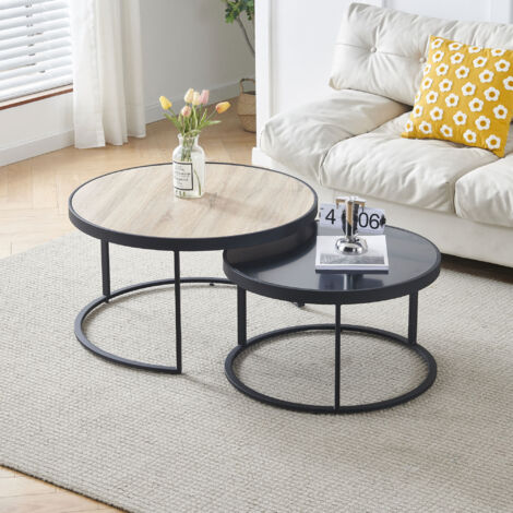 M&S – Lot de 2 tables gigognes rondes 80 et 65 cm – Plateau en panneaux de particules – Piétement métal – Design industriel noir et naturel