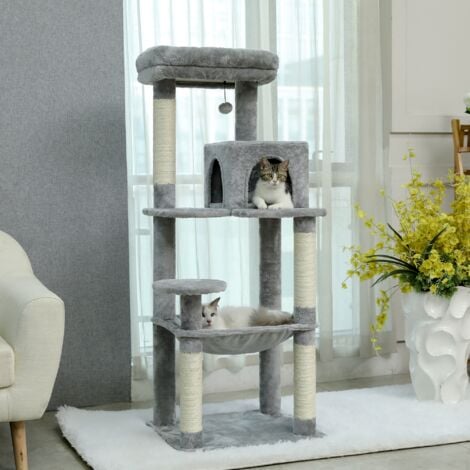 PAWZ Road Arbre à Chat en Bois, Tour de Chat Moderne, avec Griffoirs Sisal, Condo Confortable et Grand Hamac, 143cm, Gris